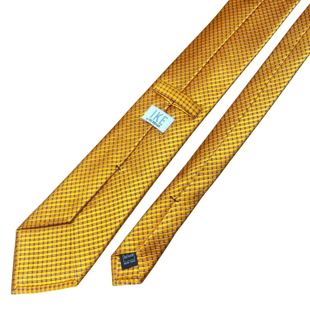 Vintage Ike Behar‎ Silk Necktie Check Mens Orange Gold Wedding Jacquard Business